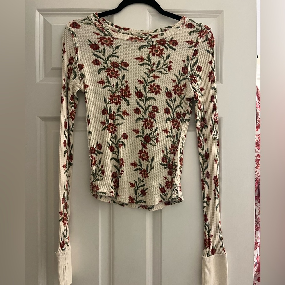 Free People Waffle Ribbed Top - Cream and Red